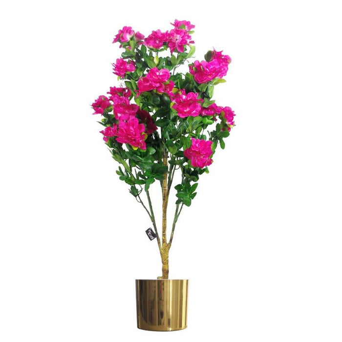 Realistic 100cm Pink Azalea Potted Plant w/ Gold Metal Planter