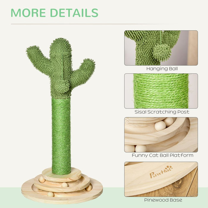 PawHut Cat Tree Cactus Sisal Scratching Post for Indoor Cats Play Tower Kitten Furniture with Hanging Ball Interactive Fun Roller Exerciser 32 x 32 x 60cm