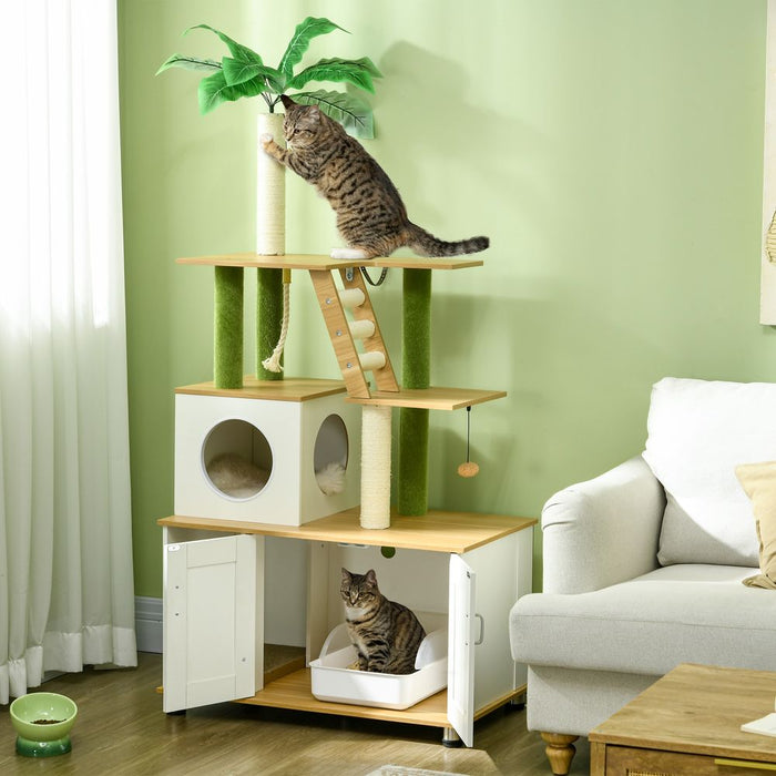 Premium Oak 2-in-1 Cat Tree & Hidden Litter Box - PawHut