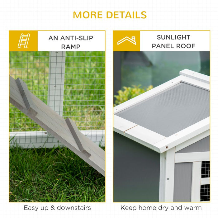 PawHut Wooden Rabbit Hutch 2 Tier Guinea Pig Cage Bunny Run w/Sunlight Panel Roof and Slide-Out Tray, Grey