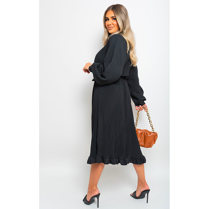 Freya Pleated Frill Button Tie Waist Midi Dress