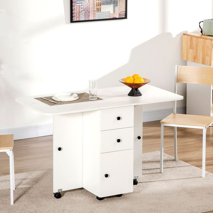 Folding Dining Table, Drop Leaf with Storage Drawers White - Space Saving Design, Expandable, 4-6 People Capacity