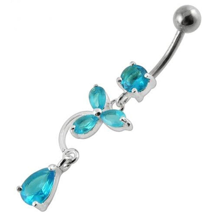 Fancy Flower Jeweled Dangling Banana Bar Belly Ring