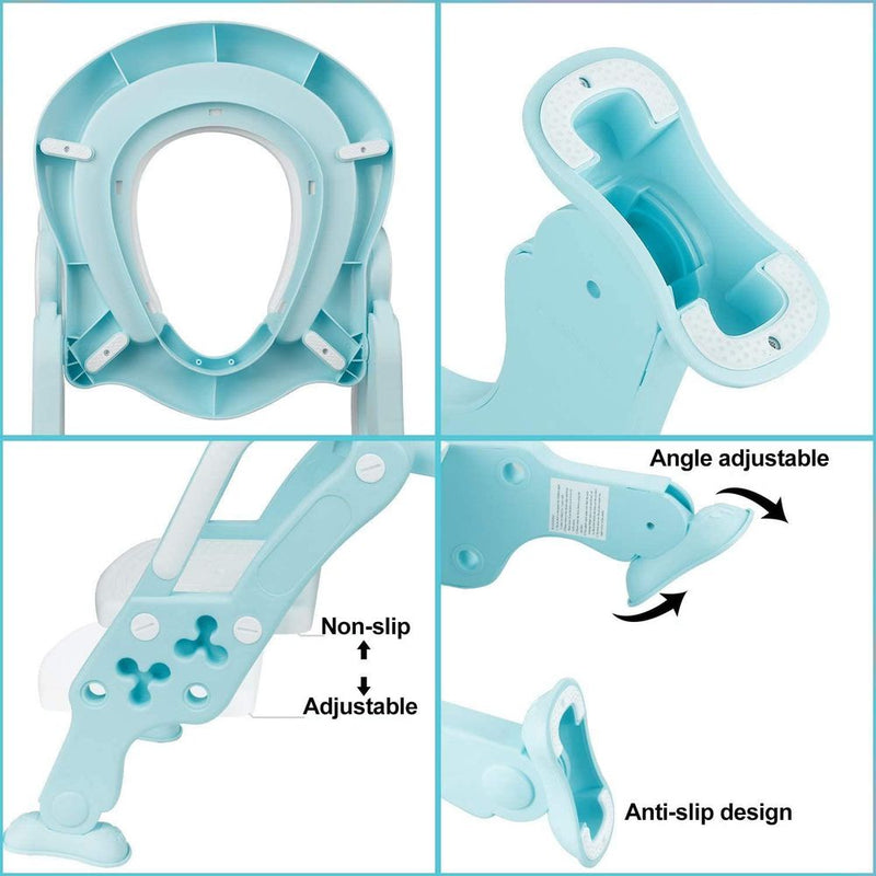 KEPLIN Toddler Toilet Training Seat Ladder - Sturdy, Non-Slip, Soft Cushion - Easy Assembly - Ages 1-7 (Blue)