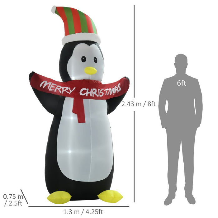 HOMCOM 8ft Inflatable Penguin & Christmas Banner Decoration w/Inner LED Lights Indoor Outdoor Weather-Resistant Shell Fun Cute