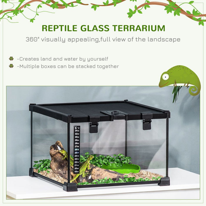 PawHut Glass Reptile Terrarium Insect Breeding Tank Vivarium Habitats with Thermometer for Lizards, Horned Frogs, Snakes, Spiders - Small 30 x 30 x 20cm