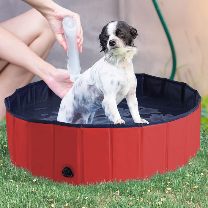 PawHut Foldable Dog Paddling Pool Pet Cat Swimming Pool Indoor/Outdoor Collapsible Summer Bathing Tub Shower Tub Puppy Washer (Φ100 x 30H cm, Red),D01-012RD