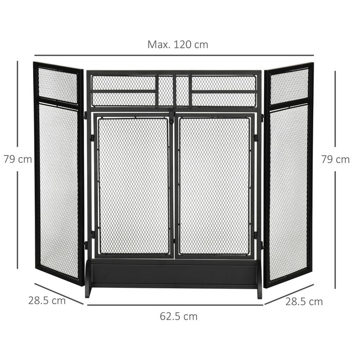 3-Panel Folding Fireplace Screen Spark Guard Metal Mesh Fireguard Black