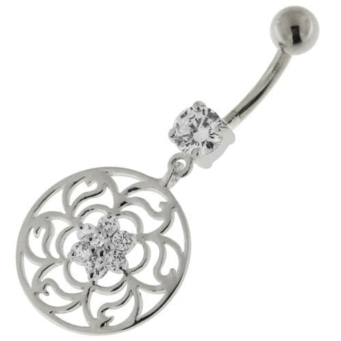 Center Flower with Floral 925 Sterling Silver Belly Button Ring