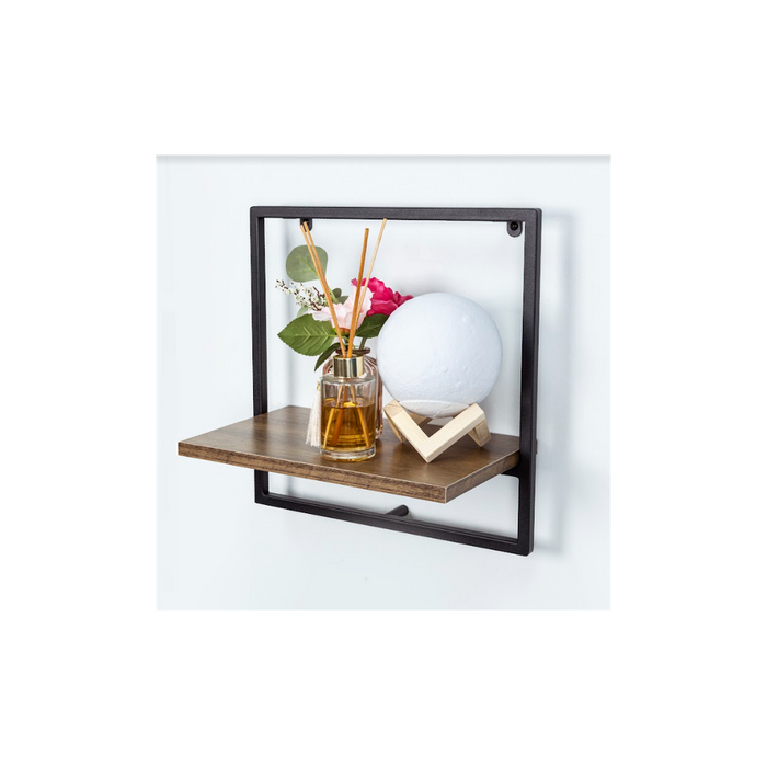 High-Quality Dark Oak Wall Shelf - 1 Tier with Black Metal Frame - PARGI