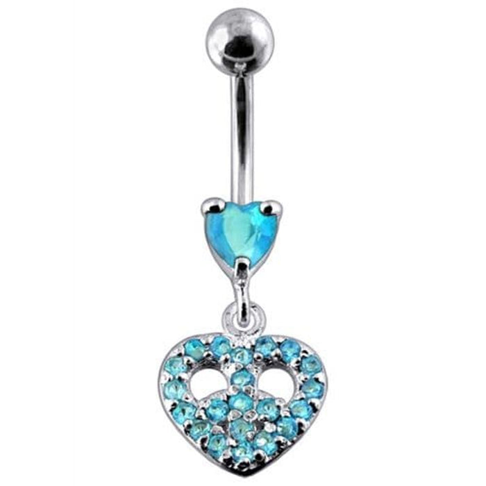 Jeweled Fancy Heart Shape Silver Dangling SS Bar Curved Belly Ring