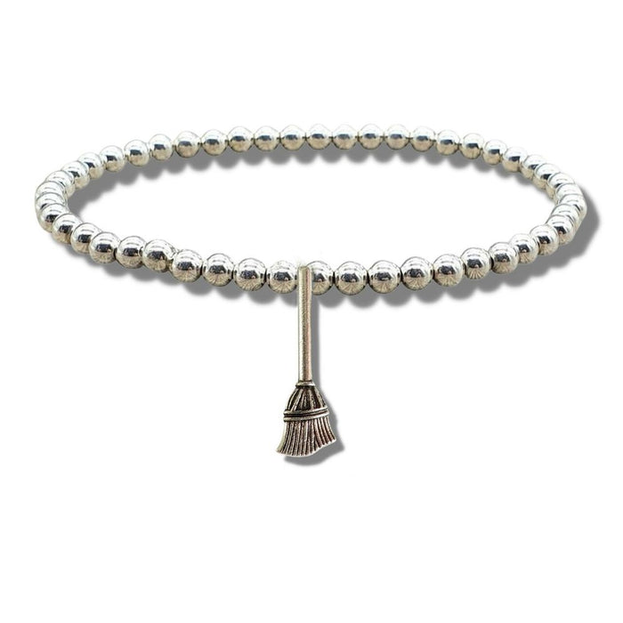 Broom Charm Silver Beaded Bracelet - High Quality Cleaning Inspired Jewelry - Ideal Gift for Women & Girls - Ships in a Gift Box