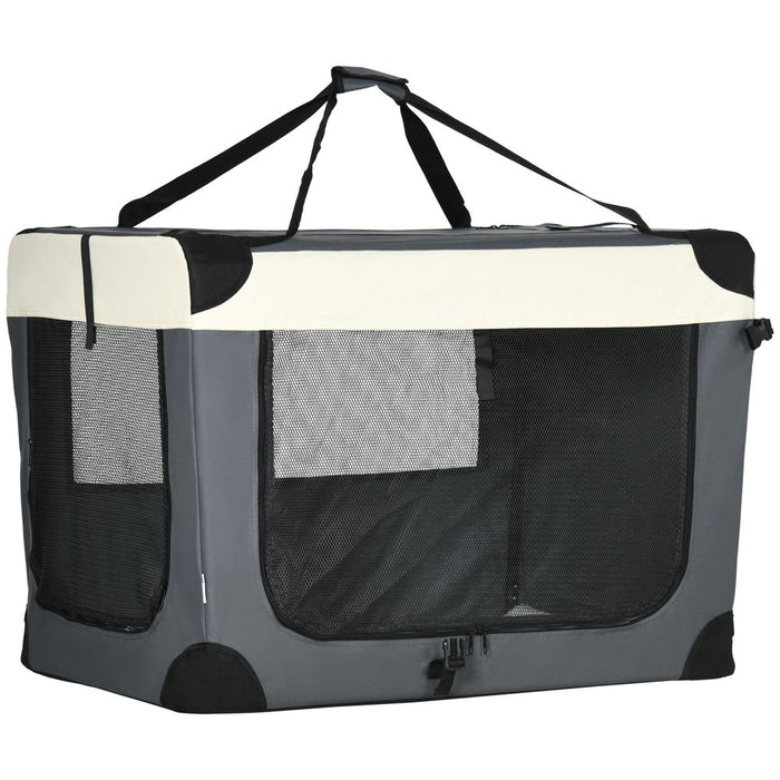 Foldable Grey Pawhut Pet Carrier - 91cm, Large Dogs and Cats, Cushion, Easy Access, Travel & Home Use