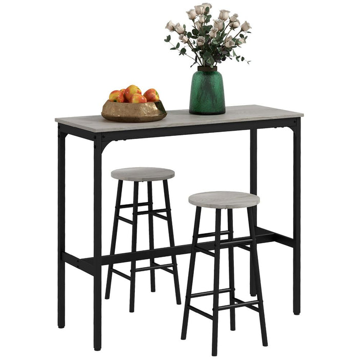 HOMCOM 3 Piece Bar Set, Industrial Kitchen and Chair Set for Small Space, Grey