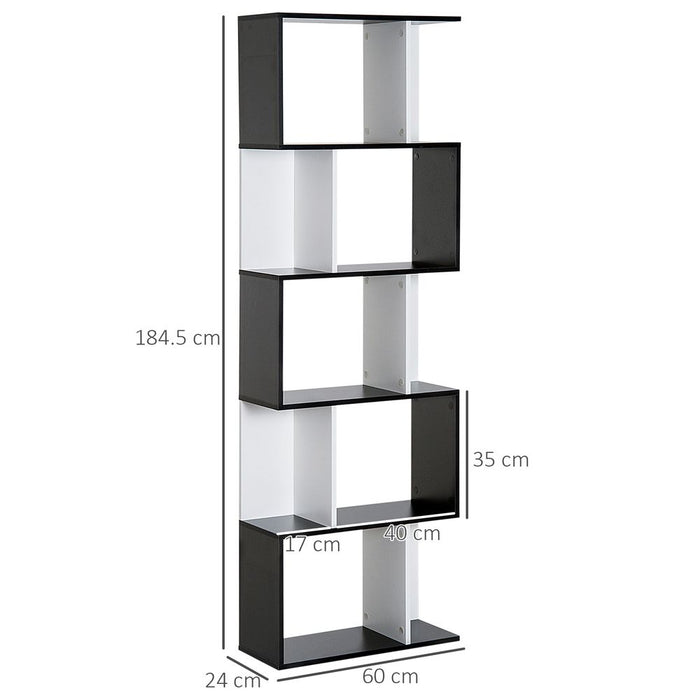 Unique 5-tier S-Shape Bookcase Storage Display Shelving Unit Divider - Black