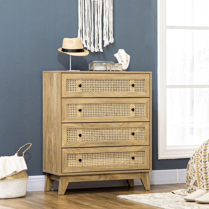 Rattan Chest of Drawers 4-Drawer Dresser Storage Cabinet Bedroom, Wood Effect