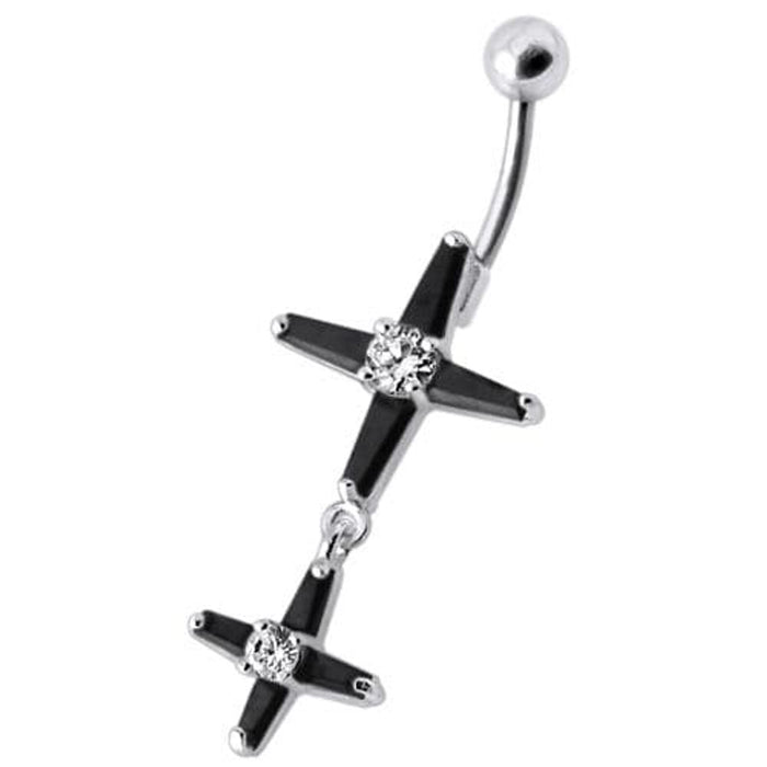 Fancy Double Cross Jeweled Silver Dangling With SS Bar Belly Ring