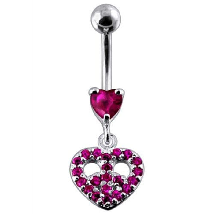 Jeweled Fancy Heart Shape Silver Dangling SS Bar Curved Belly Ring