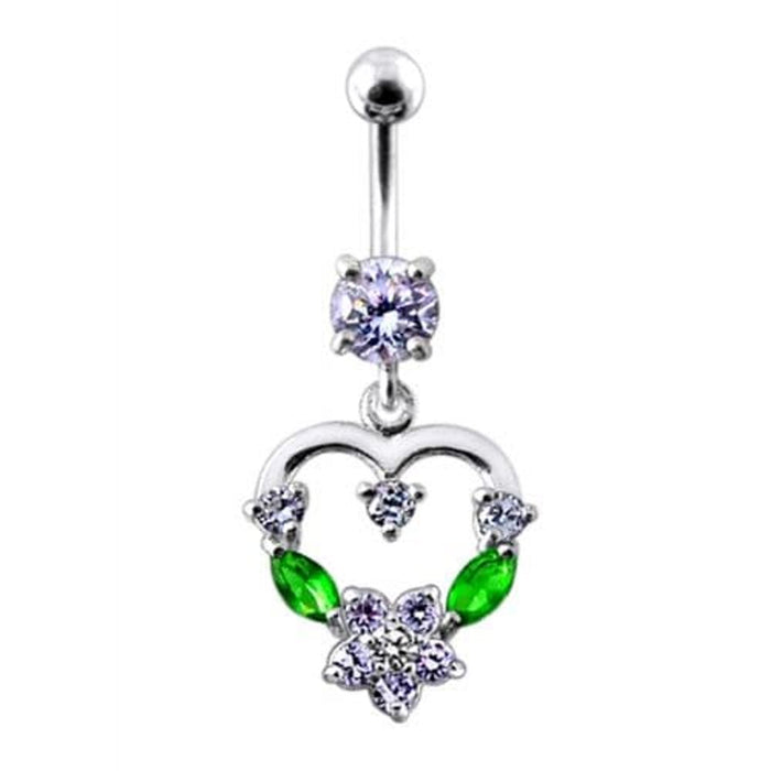 Silver Fancy Mix Color Jeweled Heart Dangling SS Bar Belly Ring