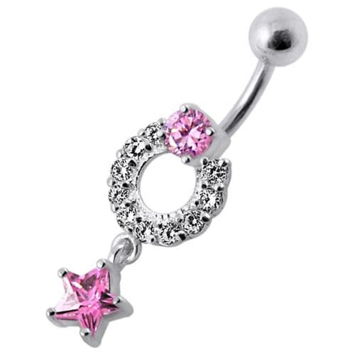 Fancy White Jeweled With Star Dangling Navel Belly Ring