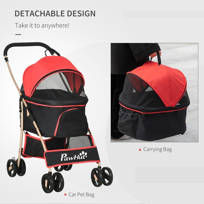 PawHut 3 In 1 Pet Stroller, Detachable Dog Cat Travel Carriage - Red