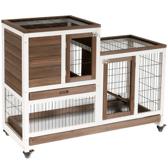 Wooden Rabbit Hutch Bunny Guinea Pigs House Cage Wheels Indoor 110 x 50 x 86cm