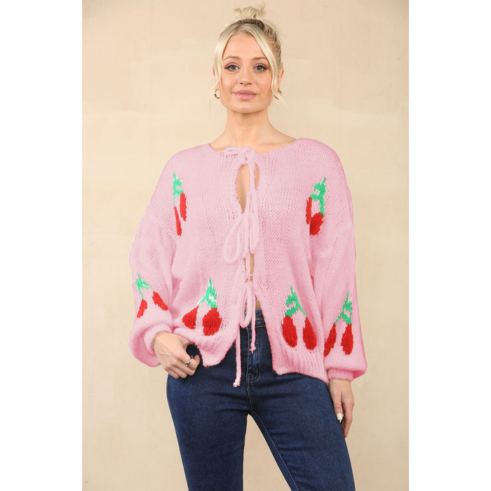 Stylish Crop Triple Tie Bow Cherry Front Cable Knit Cardigan