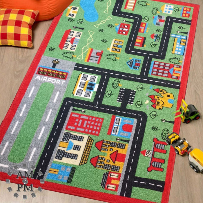 Premium Kids Green Town Rug - High Quality, 80x120cm