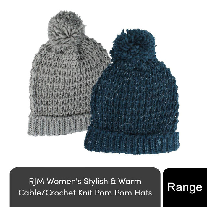 Stylish Ladies Winter Knitted Beanie with Pom Pom - Grey or Blue