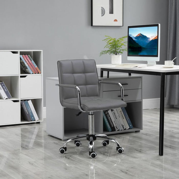 Comfortable Mid Back Swivel Home Office Chair - Grey PU Leather, Arm & Wheel - High Quality