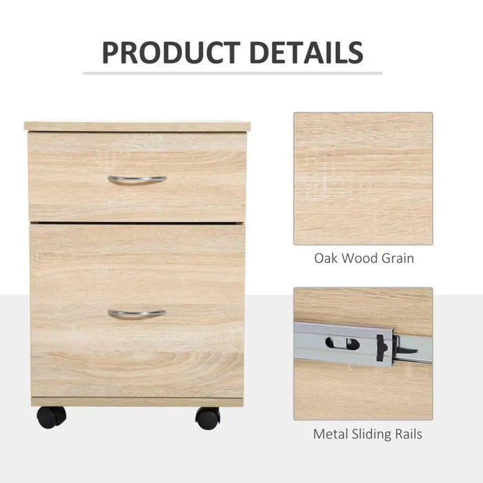 Premium Oak Mobile File Cabinet w/ 2 Drawers - Stylish & Spacious for Office - Durable Wood Side Table Pedestal - Easy Mobility