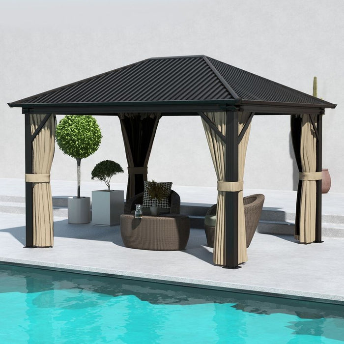 Outsunny 3.6 x 3(m) Metal Backyard Hardtop Gazebo with Screened Curtain Brown