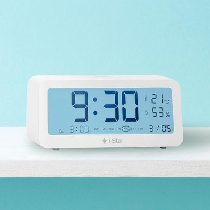 i-Star Portable White Alarm Clock with Temperature and Humidity- 90081PI