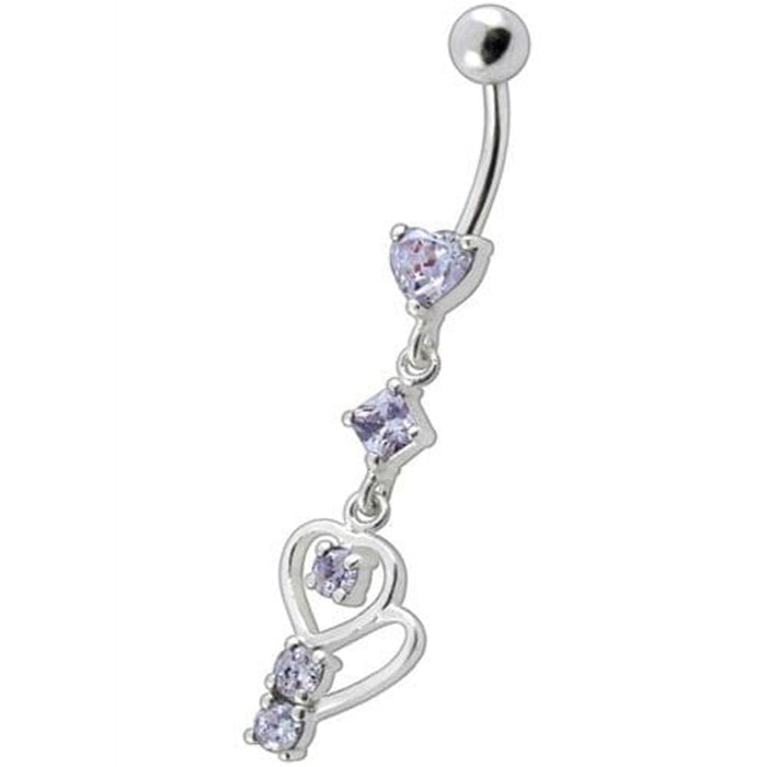 Fancy Heart Shape Jeweled Small Dangling Heart Banana Bar Belly Ring