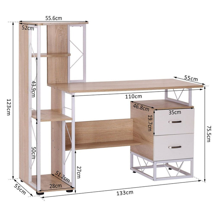 Premium Oak/White Writing Desk - 2 Drawers & Multi-Shelves - Perfect for Home and Office Use