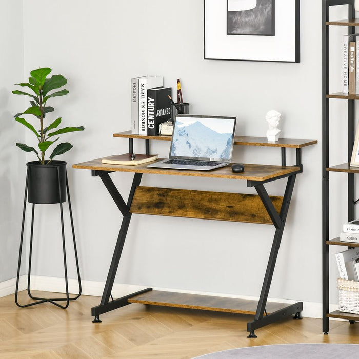 Stylish Brown Computer Desk with Monitor Shelf and Storage