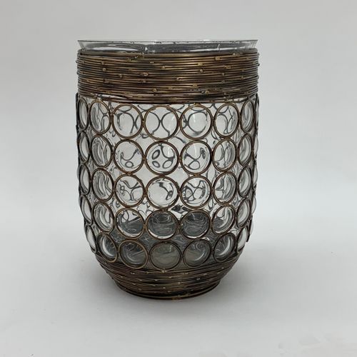 9" GLASS CANDLE HOLDER IN METAL FRAME