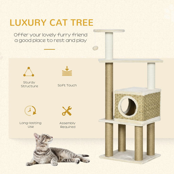 PawHut Cat Tree Climbing Kitten Tower Activity Centre for Indoor Cats w/Jute Scratching Post, Cat House, Kitten Stand, Hanging Toy Ball - Beige