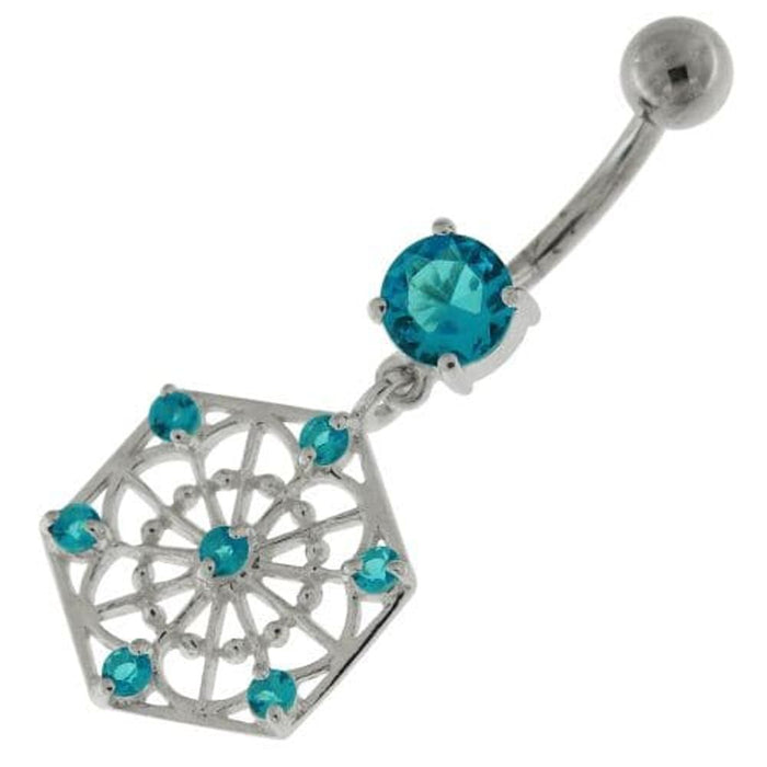 Sterling Silver Jeweled Hexagon Cut out Navel Bar