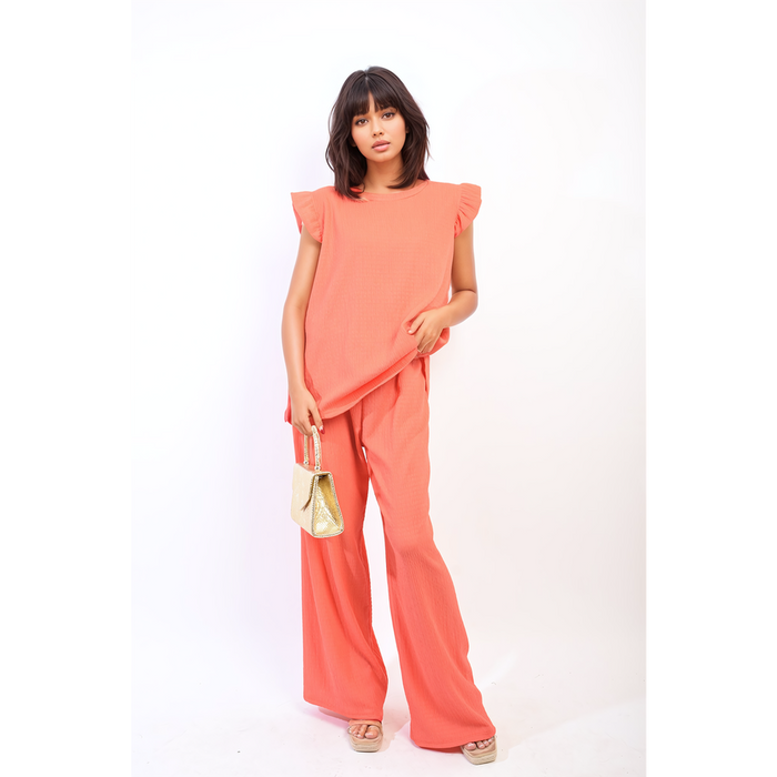 Effortlessly Elegant Ruffle Trim Top and Wide Leg Trouser Co-ord Set