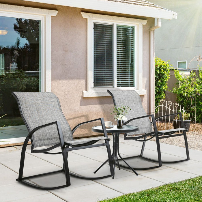 Outdoor Rocking Chair Set w/ Glass Table - Patio Bistro Furniture - Steel Frames