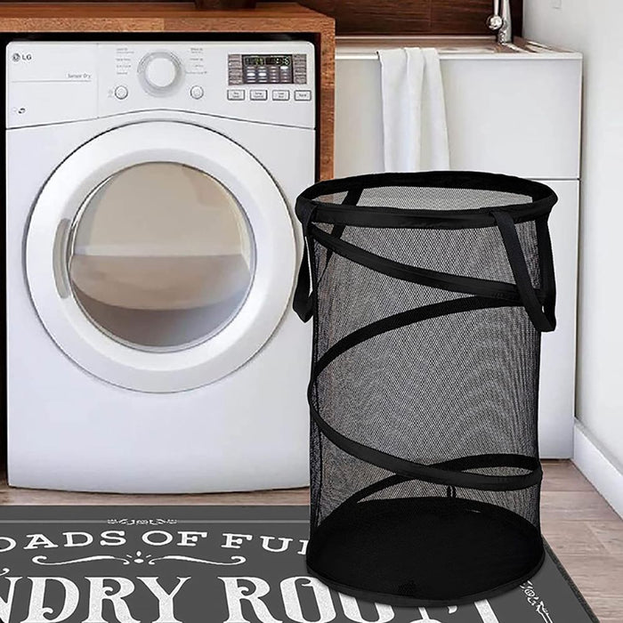 Large Collapsible Laundry Basket Foldable Mesh Pop Up Hamper with Handles for Laundry Room, Bathroom, Kids Room, College Dorm, Travel, Storage Organizer Black ﻿