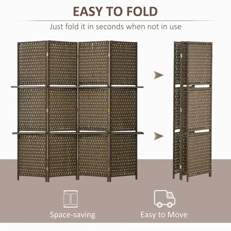 4-Panel Folding Wall Divider Room w/ Shelves, Privacy Screen Panels, Brown