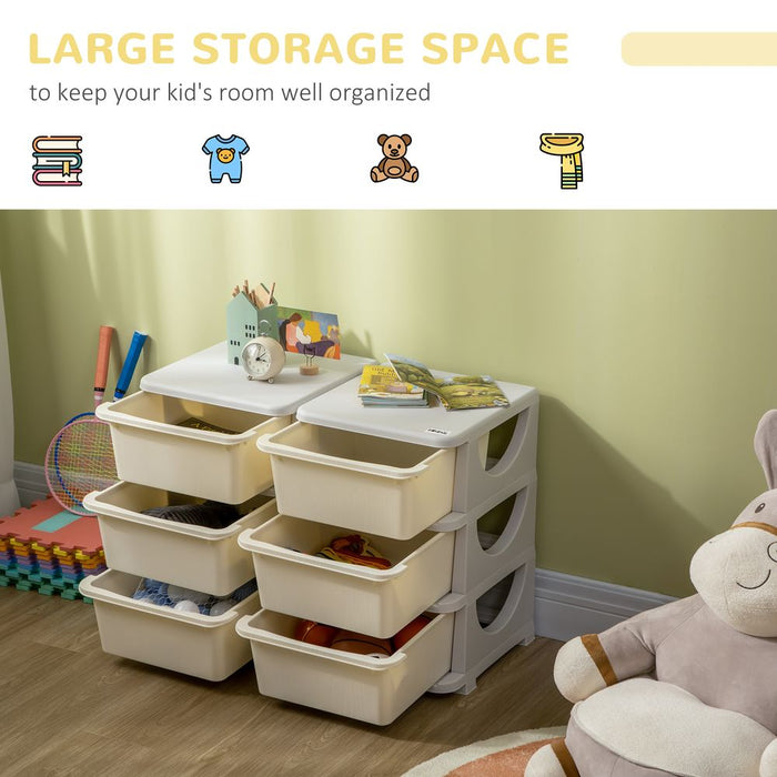 HOMCOM Kids Storage Units with 6 Drawers 3 Tier Chest Vertical Dresser Tower Toy Organizer for Nursery Playroom Kindergarten Cream