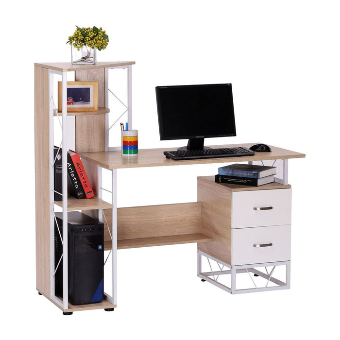 Premium Oak/White Writing Desk - 2 Drawers & Multi-Shelves - Perfect for Home and Office Use