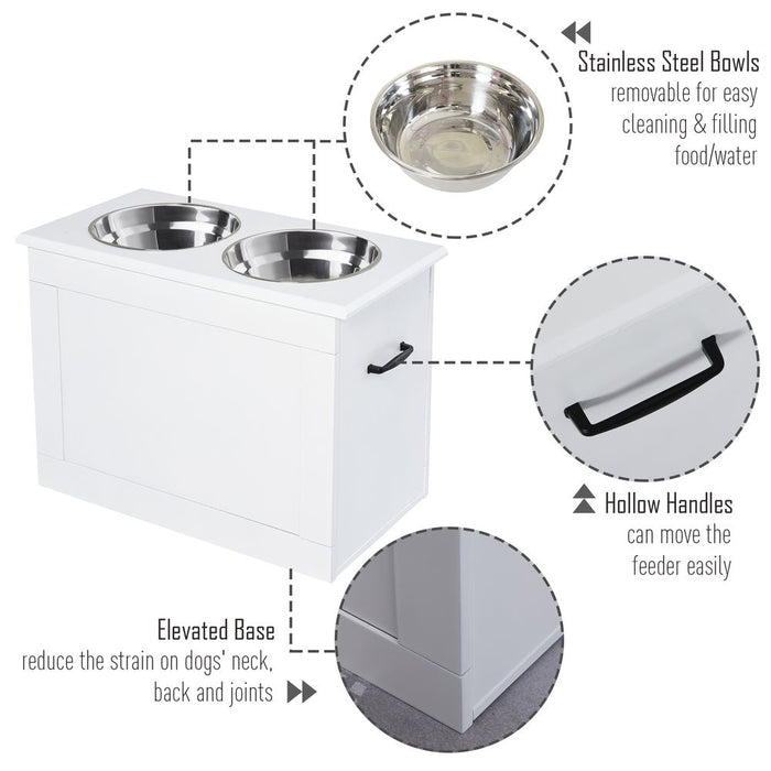 PawHut Raised Dog Bowls, Pet Feeding Storage Station with Two Stainless Steel Bowls, Base, for Large Dogs, White