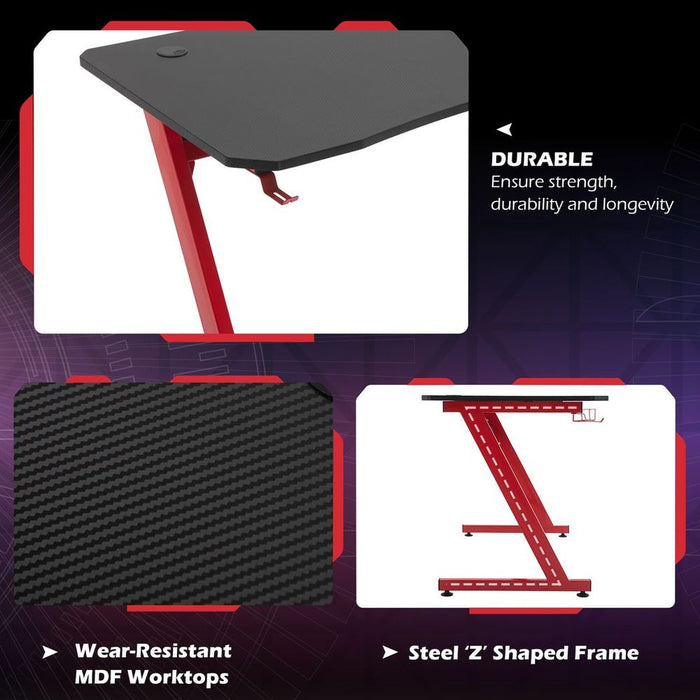 Gaming Desk Steel Frame Cup Headphone Holder Adjustable Feet Home Red