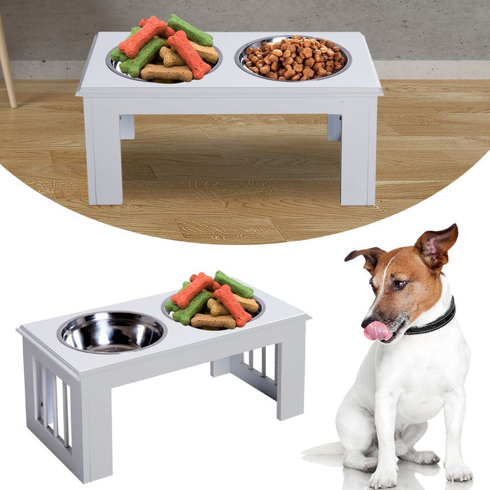 PawHut Stainless Steel Raised Dog Feeding Bowls with Stand for Extra Small and Small Dogs Elevated Twin Pet Bowls Water Food Feeder 58L x 31W x 25H cm - White