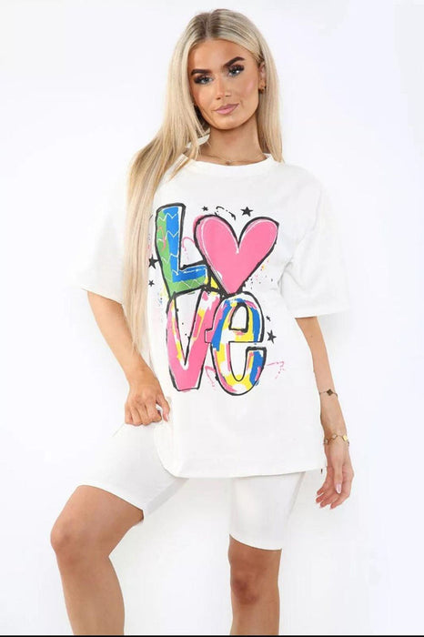 Cycling Short and T-Shirts Co-Ord Two Piece Side Slit Set with Front Printed Slogan