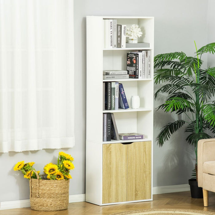 HOMCOM 2-Door Bookcase Cupboard - White/Oak - 4 Shelves - High Quality & Stylish